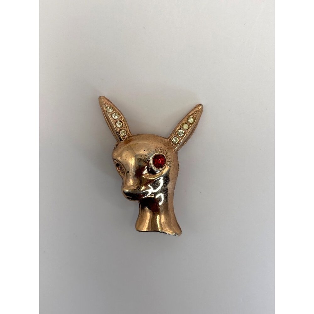 Vintage 1940s Rose Gold Tone Fawn Deer Red Eye Rhinestone Ear Figural Brooch Pin